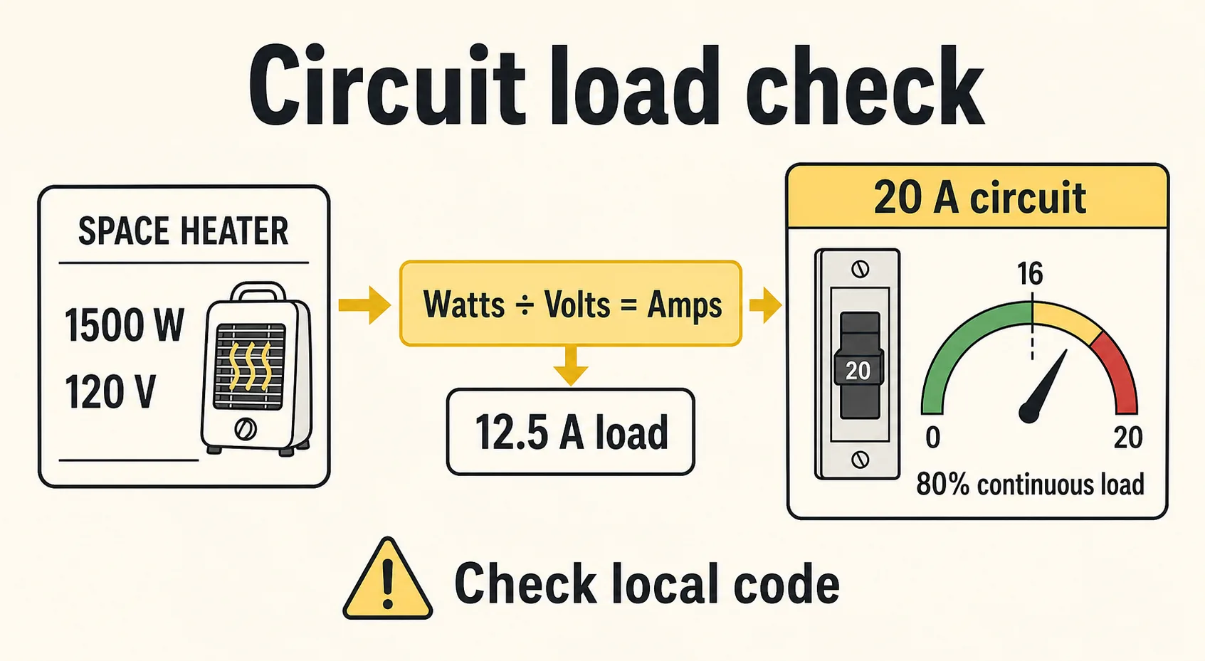 Diagram showing watts divided by volts to find amps, then checking a 12.5 amp load against the 80 percent continuous load limit on a 20 amp circuit.