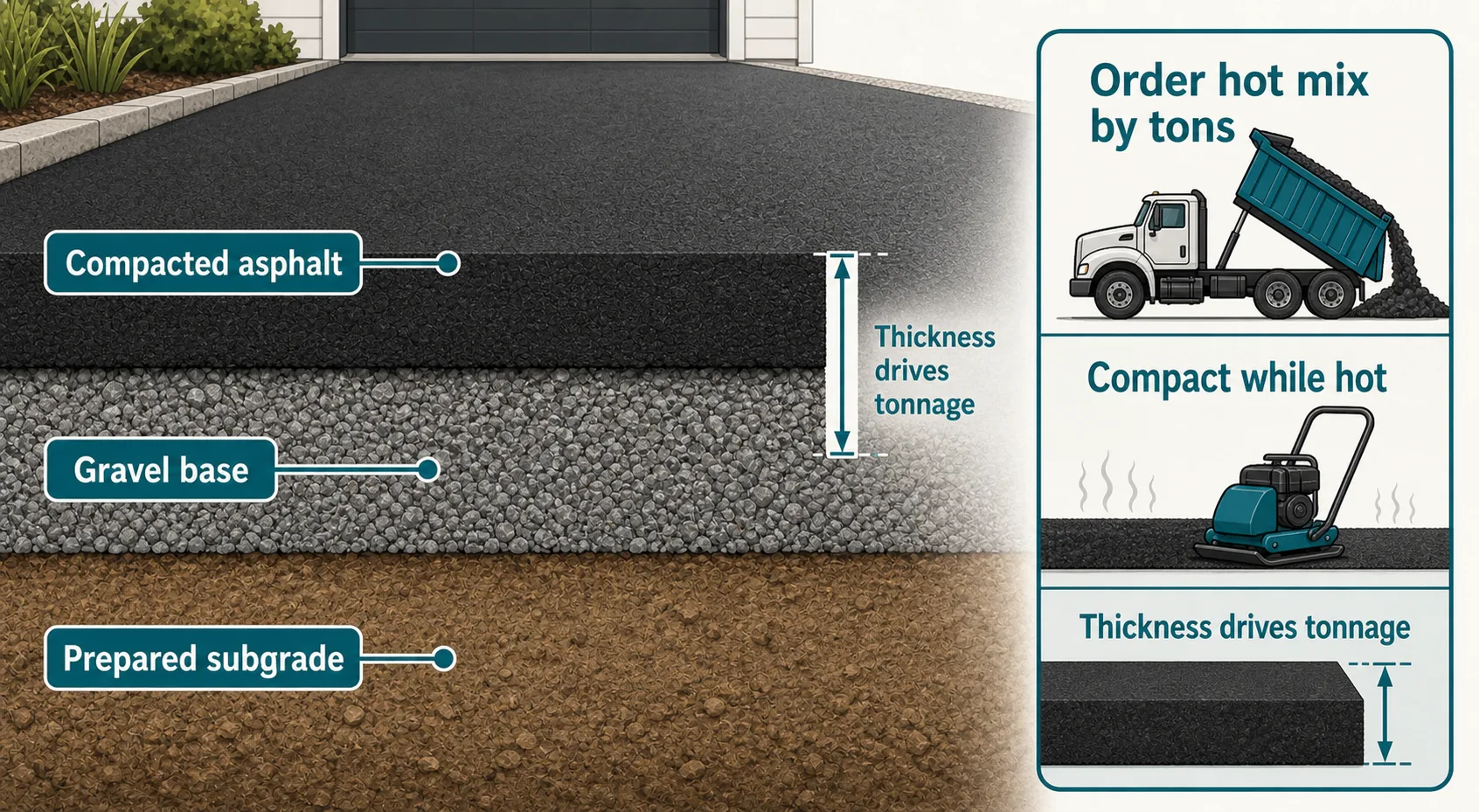 Diagram showing compacted asphalt over gravel base and prepared subgrade, with callouts for ordering hot mix by tons, compacting while hot, and thickness driving tonnage.