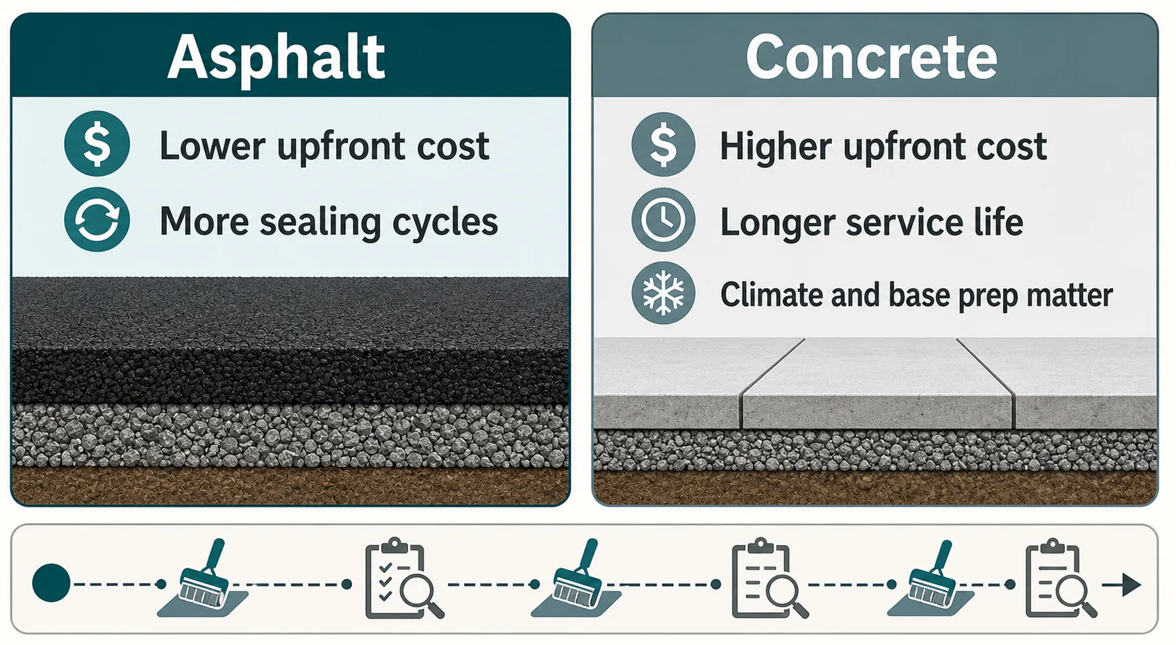 Diagram comparing asphalt and concrete driveway lifecycle tradeoffs, including upfront cost, sealing cycles, service life, climate, and base prep.