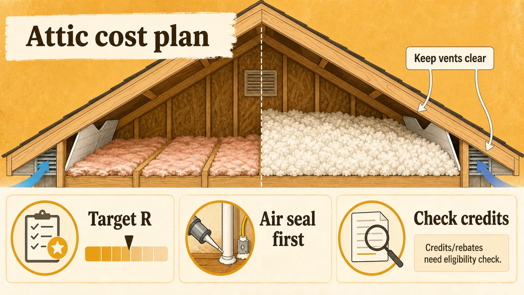 Attic insulation cost planning guide showing target R-value, air sealing first, checking credits, and keeping attic vents clear.