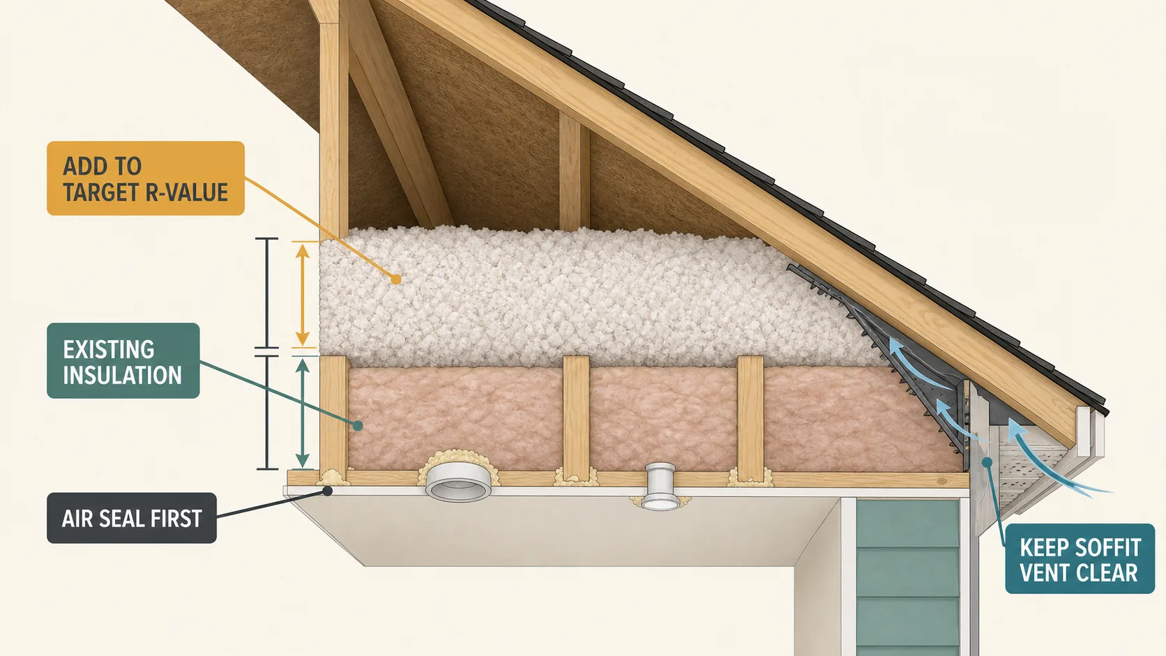 Attic floor cutaway showing air sealing, existing insulation, added loose-fill insulation to reach the target R-value, and a clear soffit vent.