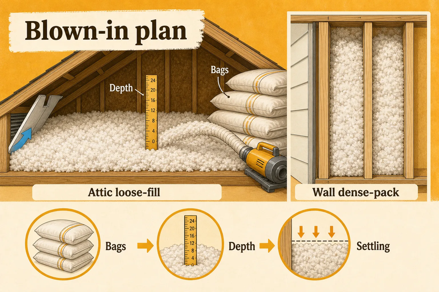 Blown-in insulation planning guide showing bags, depth, settling, attic loose-fill, and wall dense-pack applications.