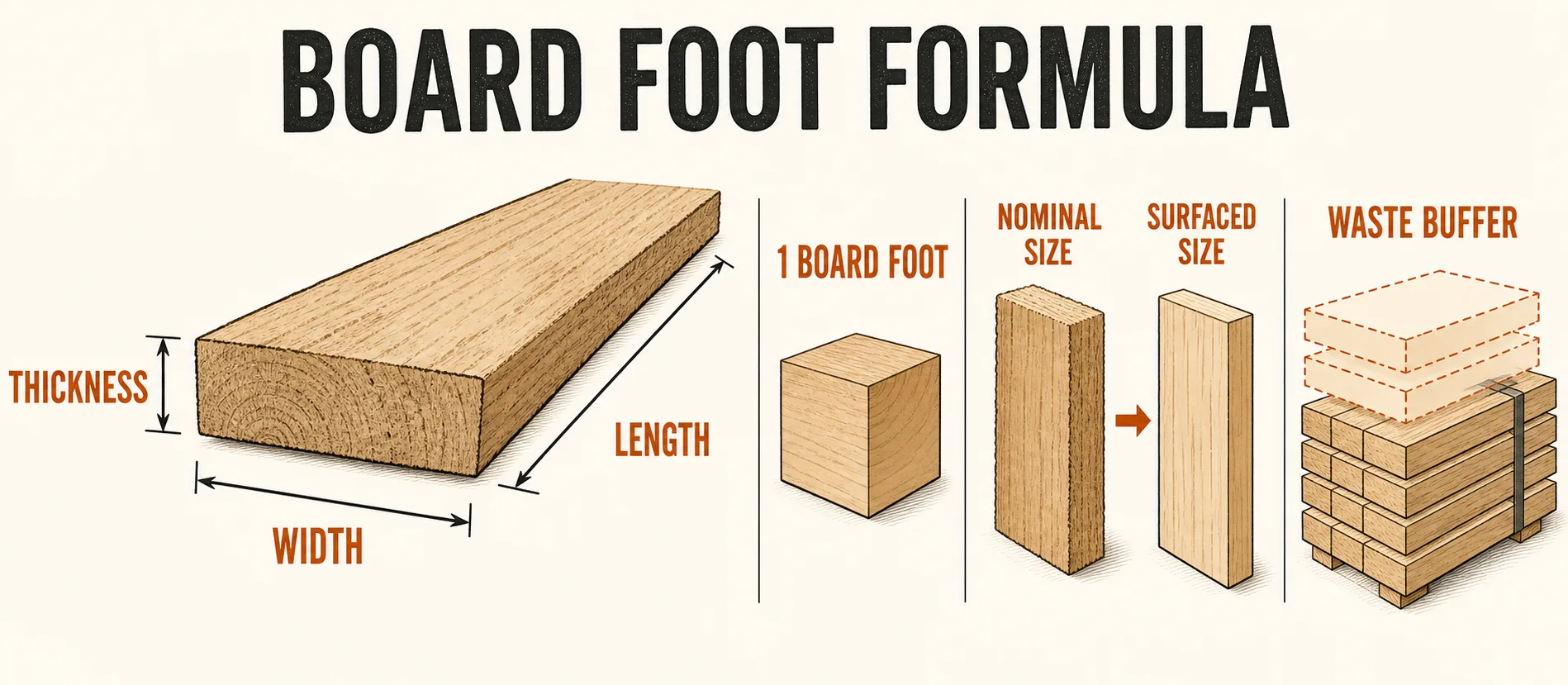 Board foot formula guide showing thickness, width, length, one board foot, nominal size, surfaced size, and waste buffer