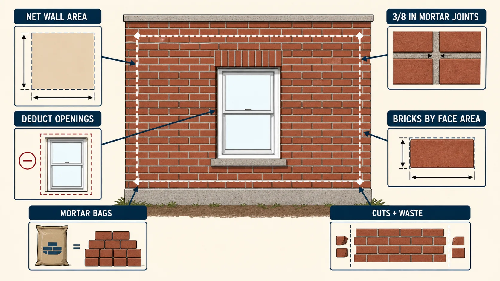 Brick wall takeoff diagram showing net wall area, opening deductions, mortar joints, brick count by face area, mortar bags, and cuts plus waste.