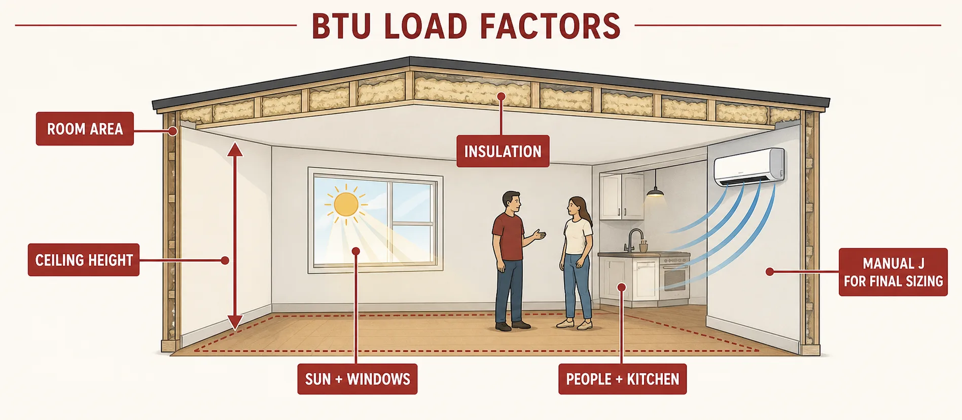 Editorial diagram showing room area, ceiling height, sun, windows, insulation, people, kitchen heat, and Manual J as BTU load factors.