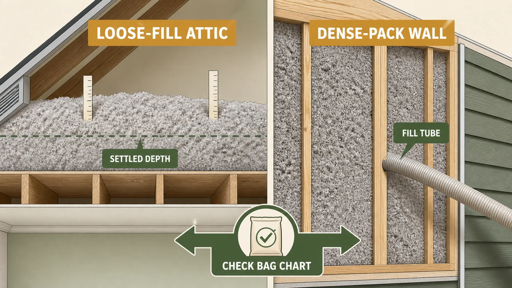 Comparison diagram showing loose-fill cellulose in an attic with settled depth markers and dense-pack cellulose in a wall cavity with a fill tube.