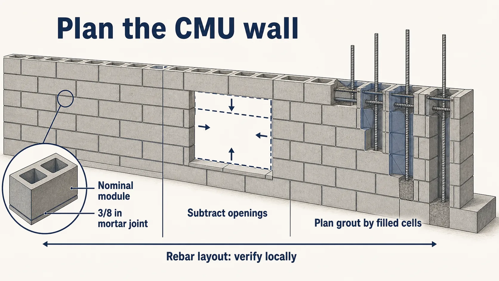 Concrete masonry wall planning guide showing a nominal CMU module with a three-eighth inch mortar joint, a window opening to subtract, and selected grouted cells with a reminder to verify rebar layout locally.