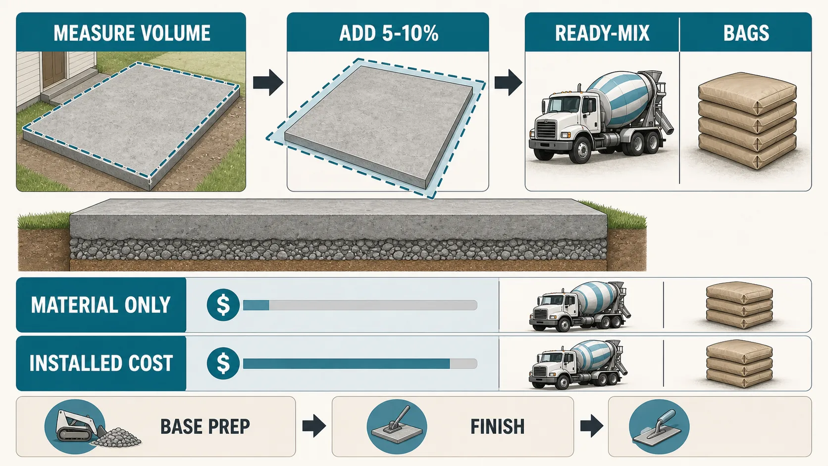 Concrete cost planning diagram showing measured volume, order allowance, ready-mix versus bags, material-only cost, installed cost, base prep, and finish.