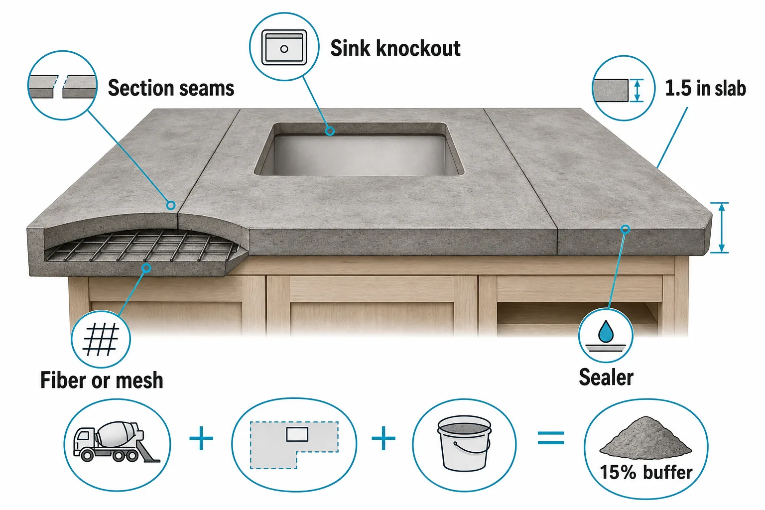 Concrete countertop pour planning guide showing slab thickness, sink knockout, section seams, reinforcement, sealer, and waste buffer.