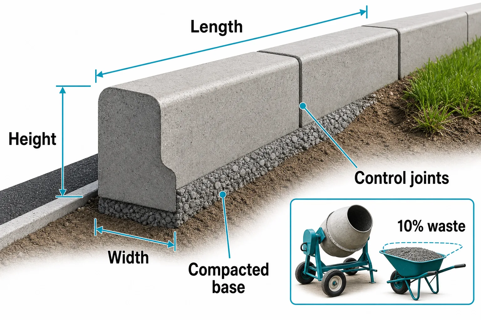 Concrete curb profile guide showing length, height, width, compacted base, control joints, and waste.