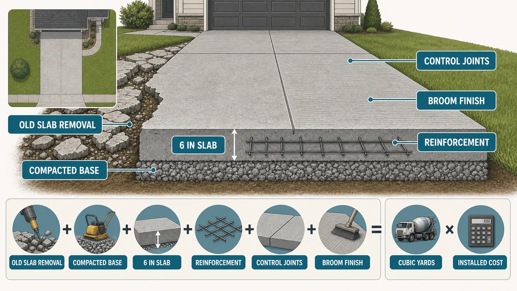Concrete driveway cost driver diagram showing old slab removal, compacted base, six-inch slab, reinforcement, control joints, broom finish, cubic yards, and installed cost.