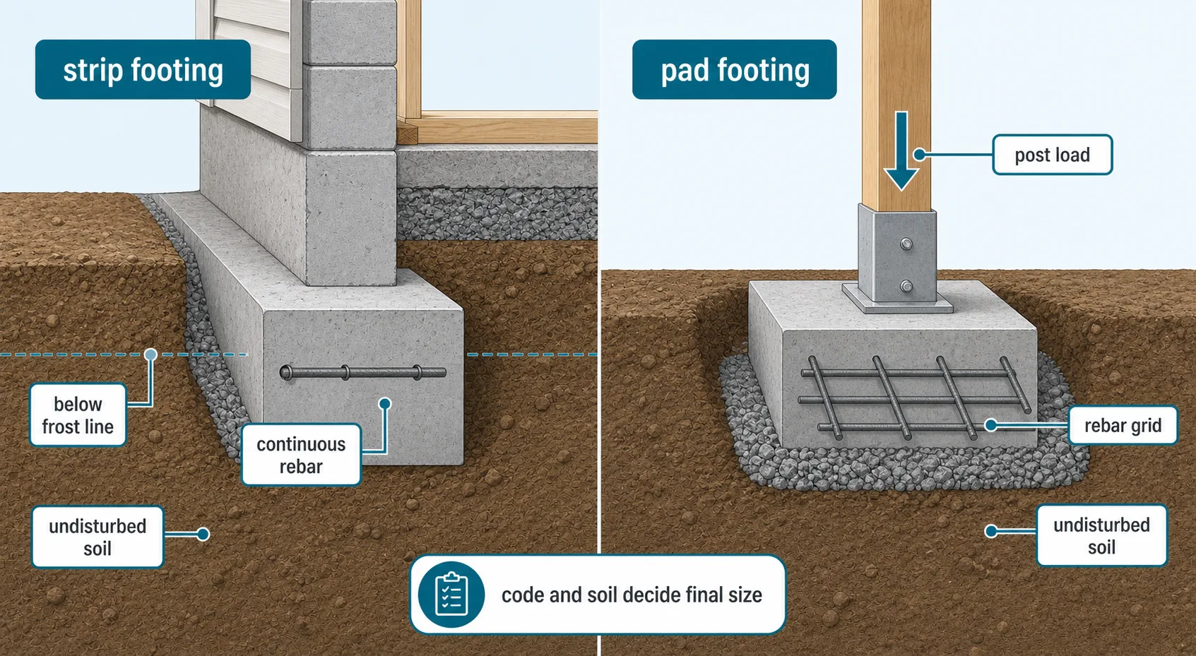 Concrete footing diagram comparing strip footings with continuous rebar and pad footings with a rebar grid under post load.