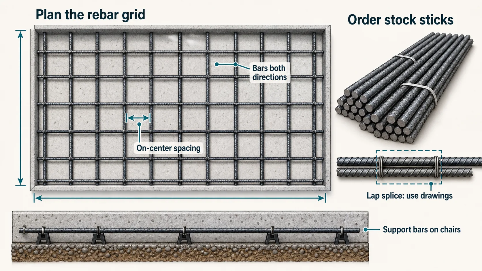 Concrete slab rebar grid ordering guide showing bars in both directions, on-center spacing, stock sticks, a lap splice reminder, and rebar chairs.