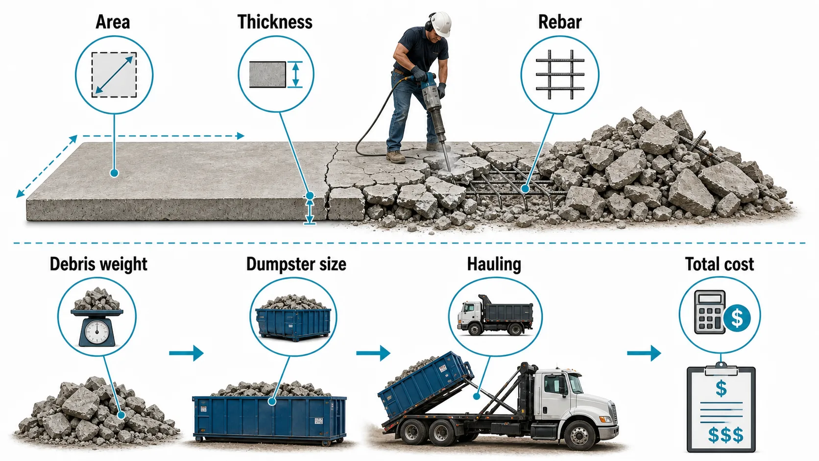 Concrete removal planning guide showing area, thickness, rebar, debris weight, dumpster size, hauling, and total cost.