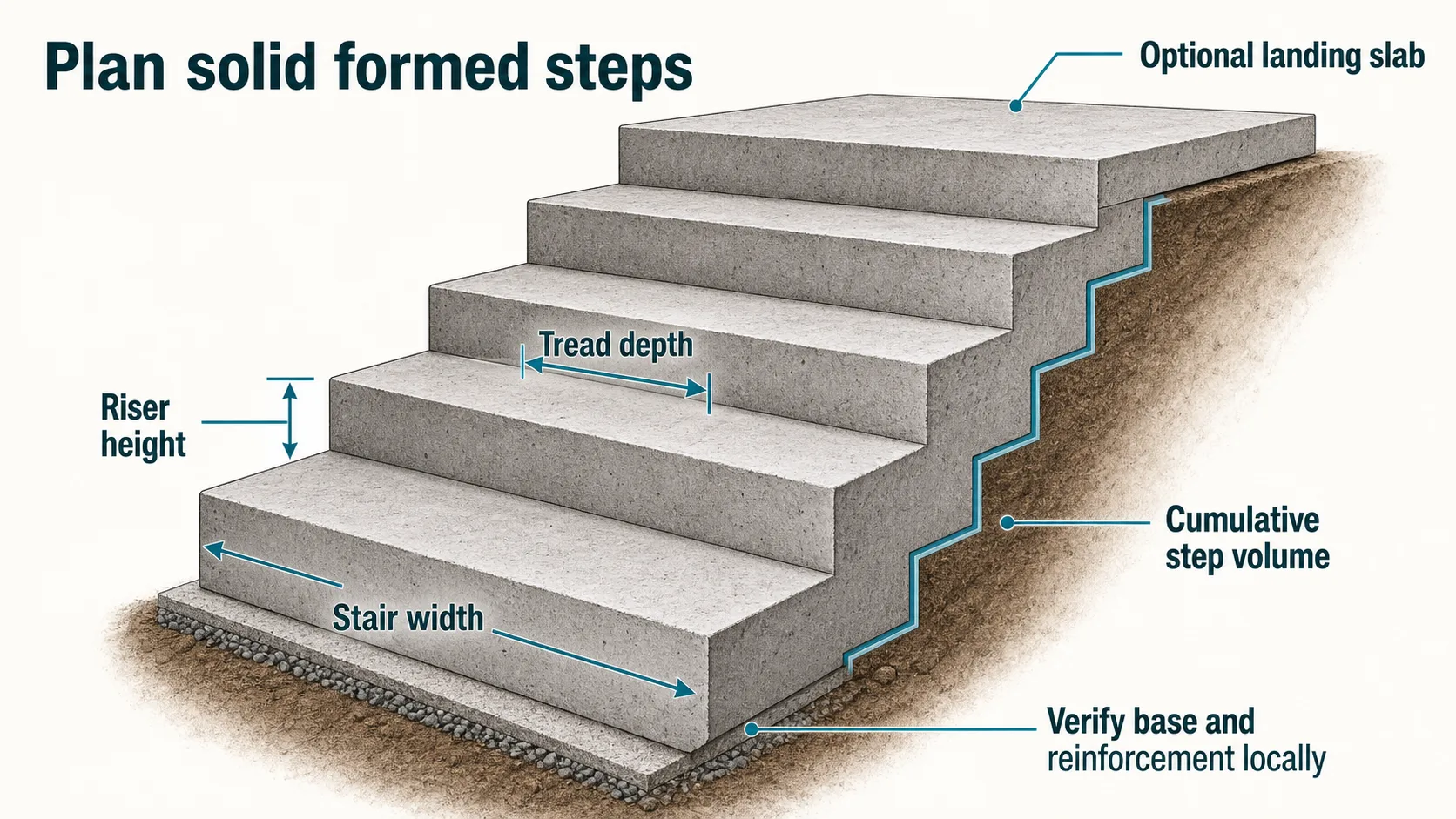Solid formed concrete steps volume guide showing riser height, tread depth, stair width, cumulative stacked step volume, an optional landing slab, and a prepared base reminder.