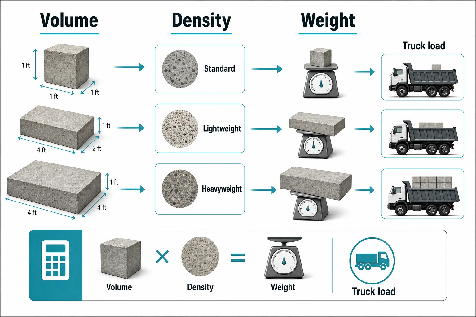 Concrete weight guide showing volume, density choices, weight, and truck load planning.
