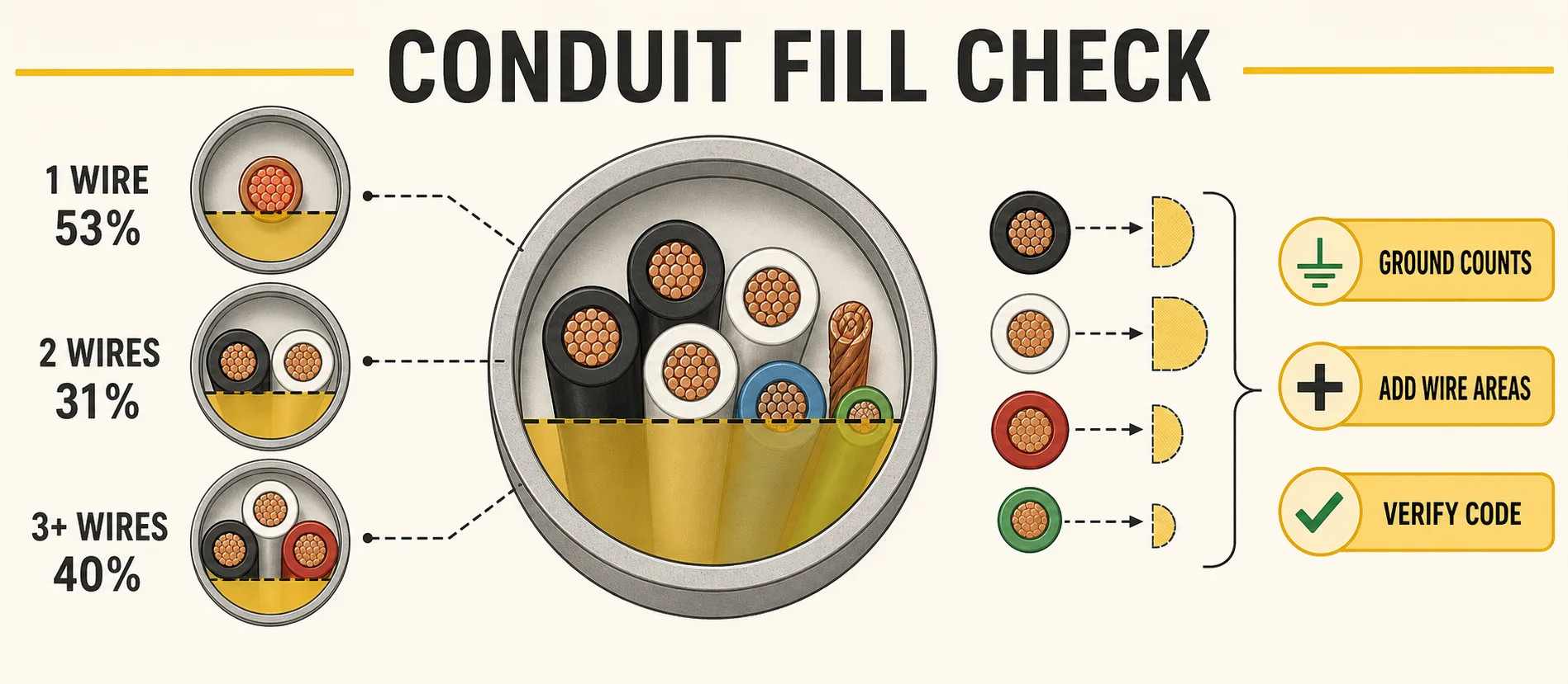Conduit fill guide showing 1 wire at 53 percent, 2 wires at 31 percent, 3 or more wires at 40 percent, with ground counts, add wire areas, and verify code reminders.