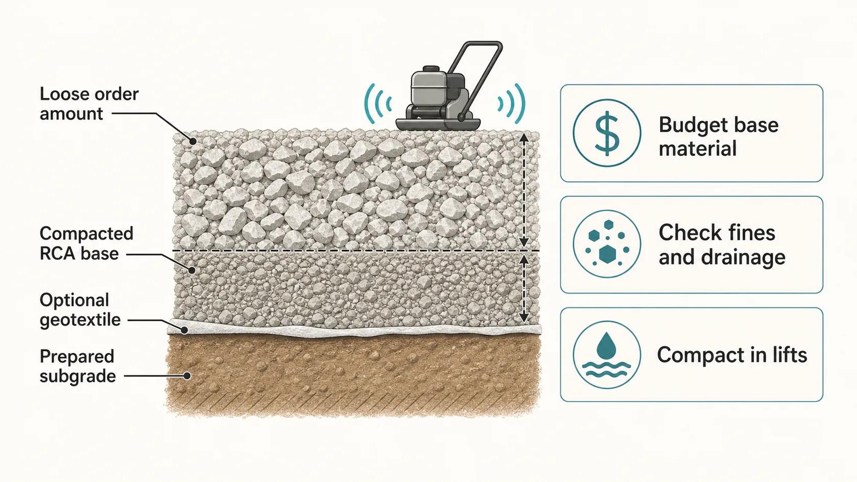 Crushed concrete base planning diagram showing loose order amount, compacted RCA base, optional geotextile, prepared subgrade, and callouts for budget base material, fines, drainage, and lift compaction.