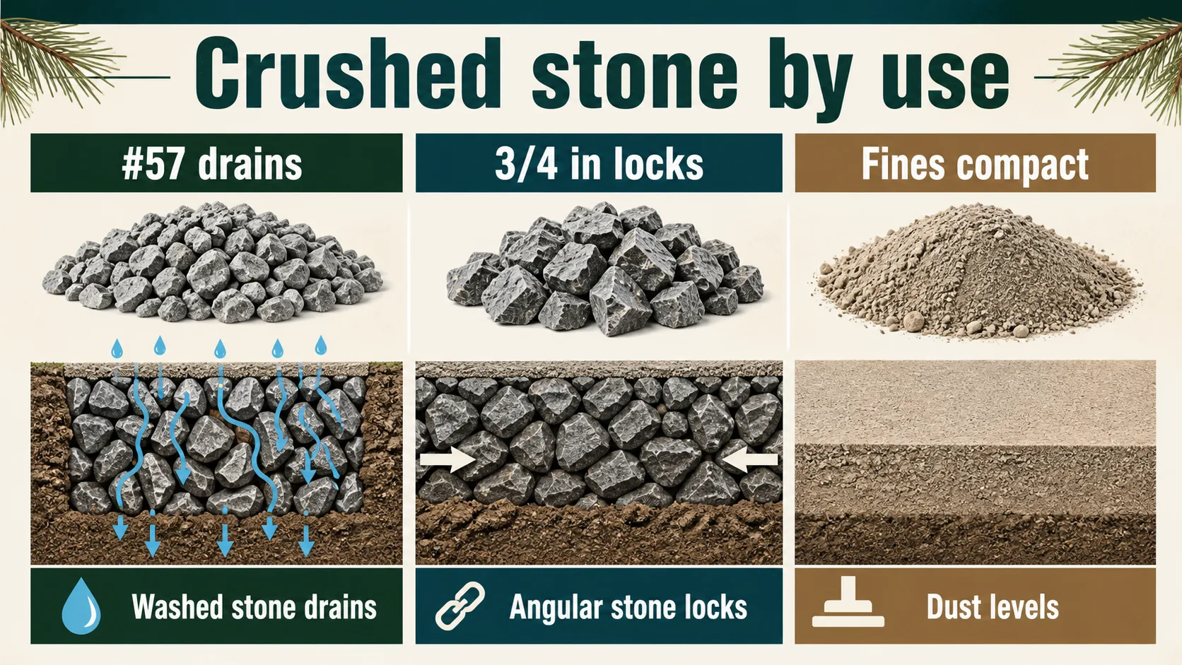 Crushed stone use guide showing clean number 57 drainage stone, three-quarter inch angular stone that locks, and stone dust or fines that compact for leveling.