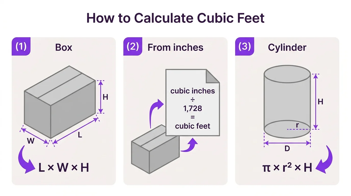 Three ways to calculate cubic feet: a box as length times width times height, converting cubic inches by dividing by 1,728, and a cylinder as pi times radius squared times height.
