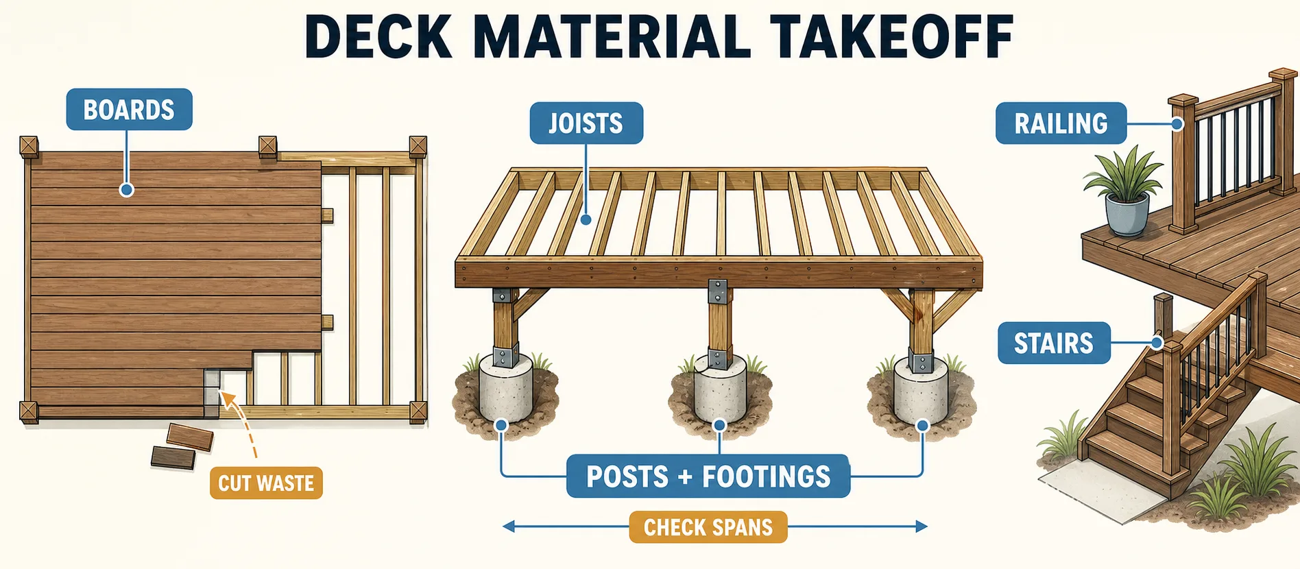 Deck material takeoff guide showing boards, joists, posts and footings, railing, stairs, cut waste, and span checks.