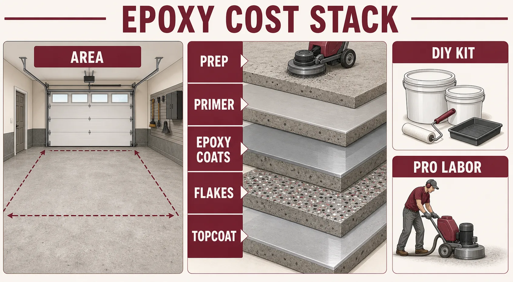 Epoxy flooring cost stack showing area, prep, primer, epoxy coats, flakes, topcoat, DIY kit, and pro labor.