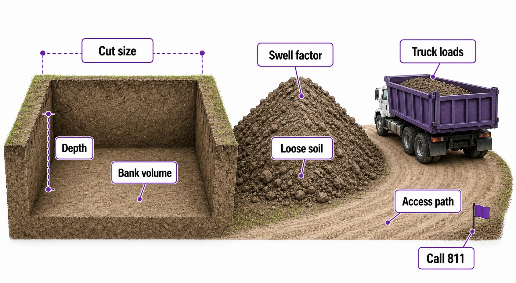 Excavation planning guide showing cut size, depth, bank volume, swell factor, loose soil, truck loads, access path, and call 811.