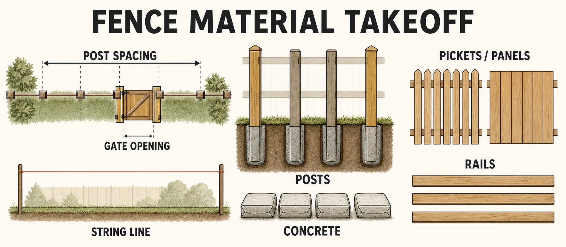 Fence material takeoff guide showing post spacing, gate opening, posts, pickets or panels, rails, concrete, and string line.