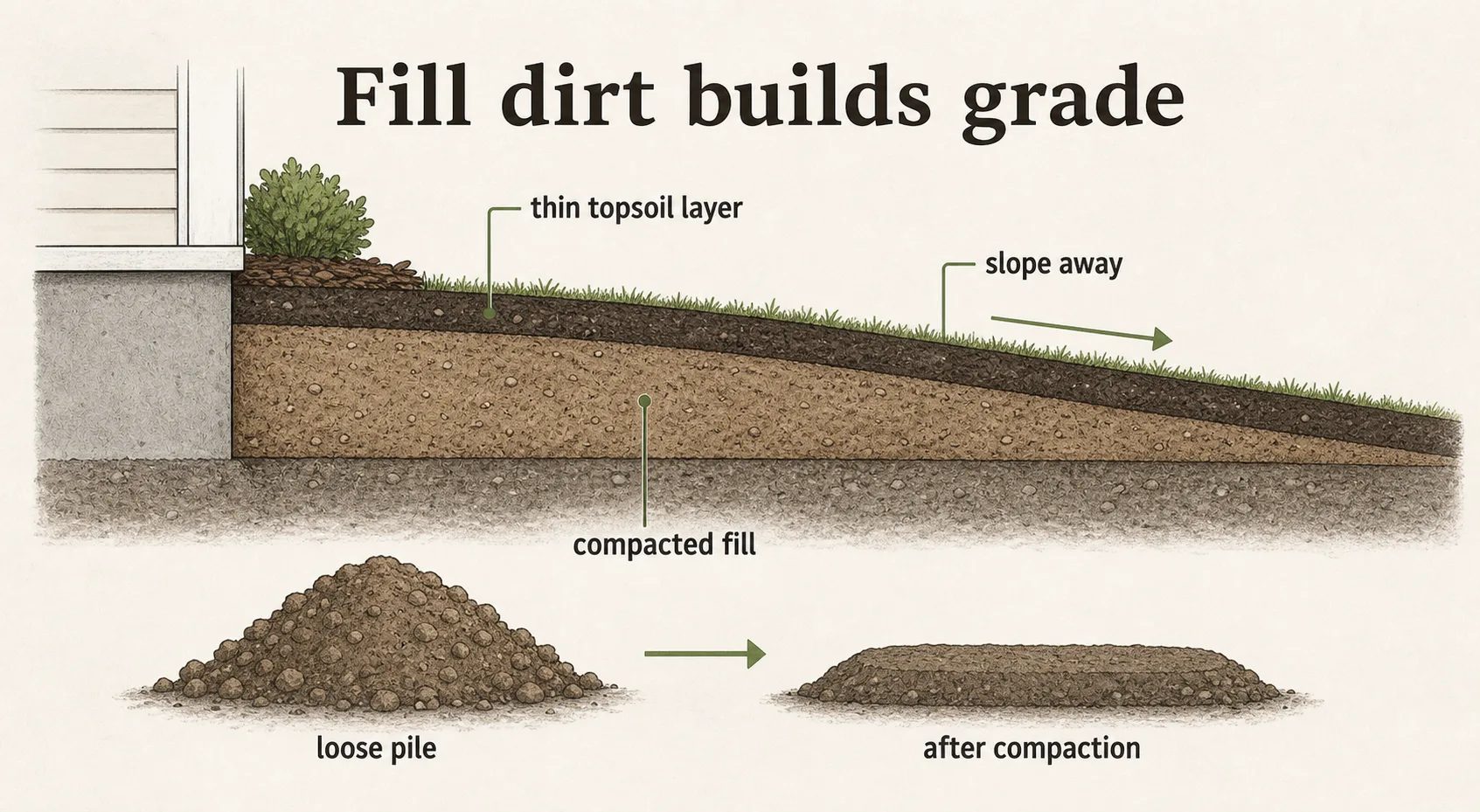 Diagram showing compacted fill dirt under a thin topsoil layer, a slope away from a foundation, and a loose pile shrinking after compaction.