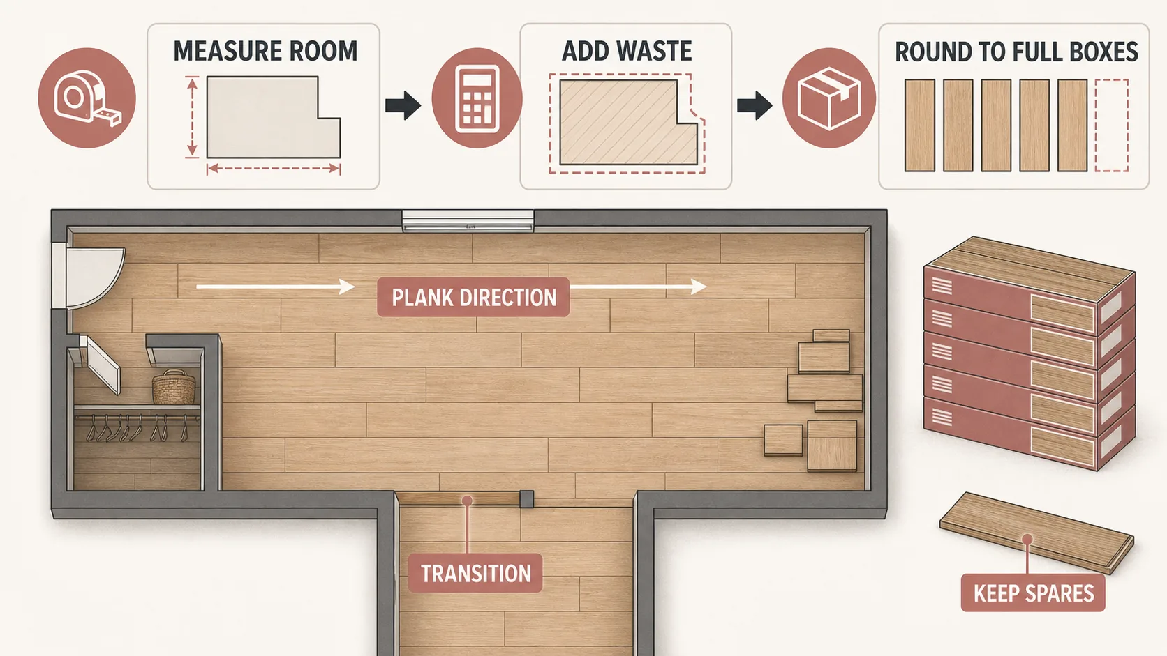 Top-down flooring order diagram showing measured room area, added waste, full-box ordering, plank direction, doorway transition, and spare planks.