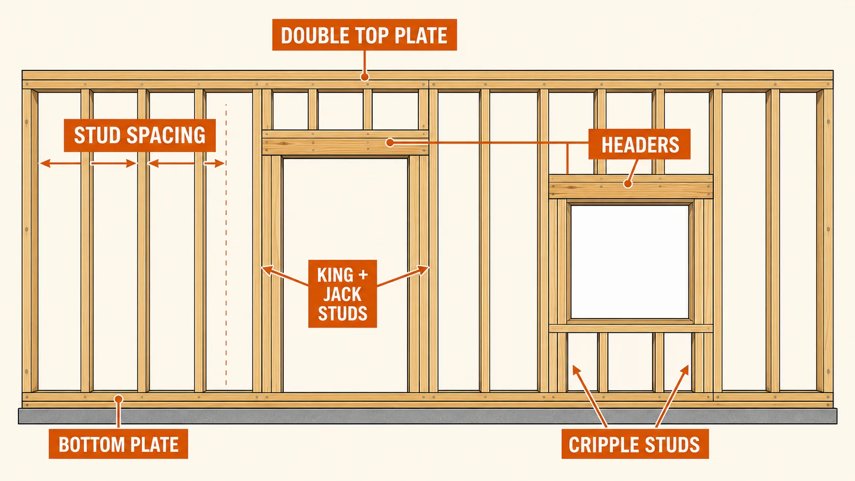 Wall framing layout guide showing stud spacing, double top plate, bottom plate, king and jack studs, headers, and cripple studs.