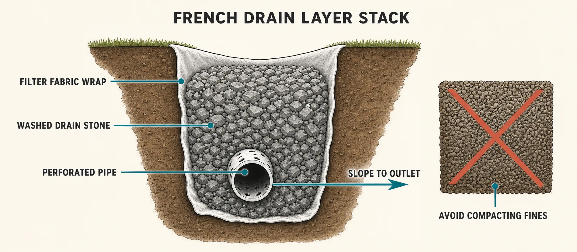 French drain trench cutaway showing a filter fabric wrap, washed drain stone, perforated pipe, slope toward an outlet, and a warning to avoid compacting fines.