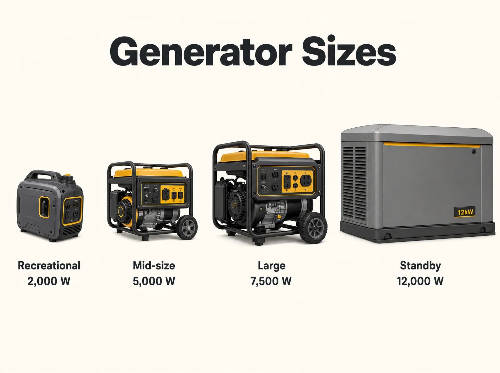 Generator size lineup from a 2,000-watt recreational inverter through mid-size and large portables to a 12,000-watt whole-home standby unit, growing in physical size as wattage increases.