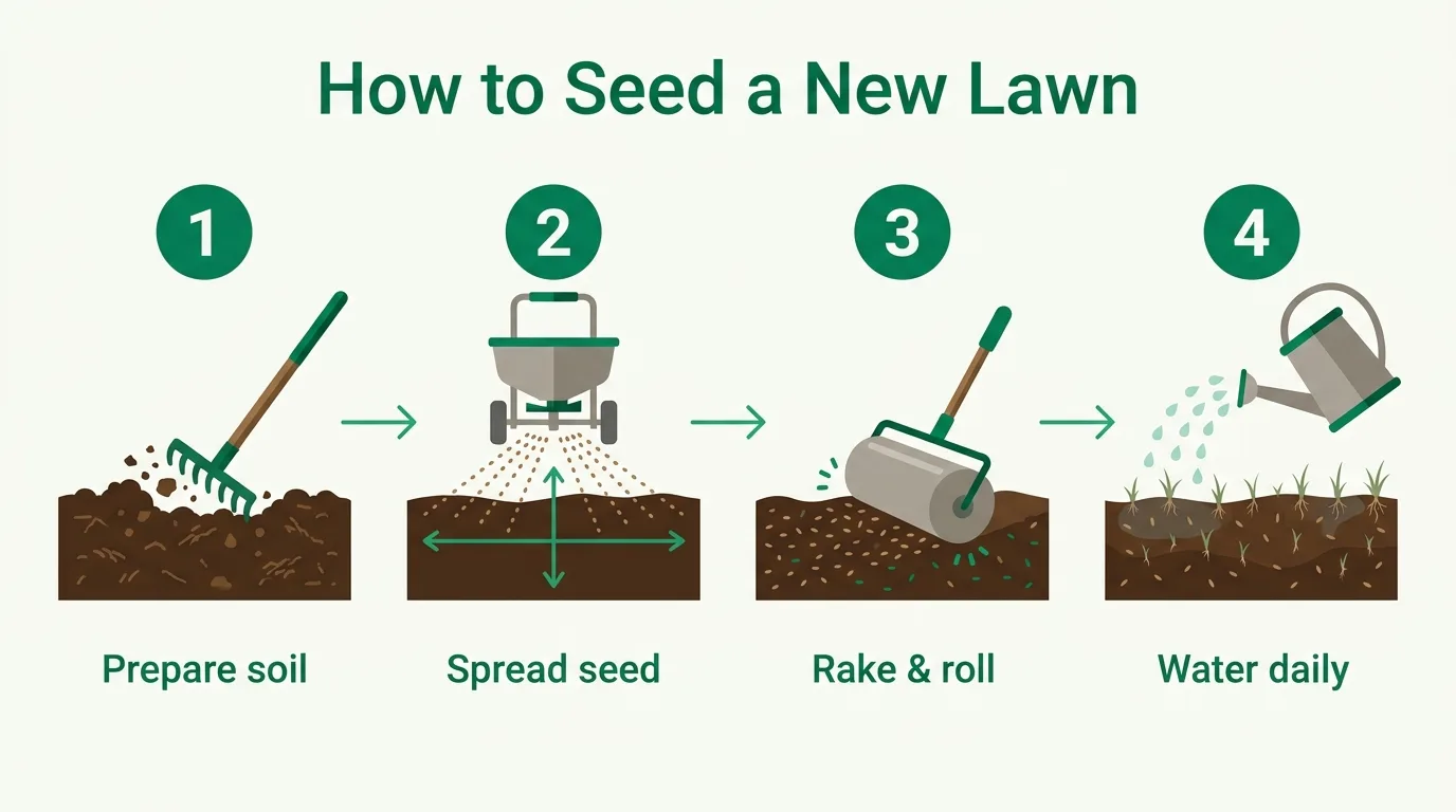 Four-step diagram for seeding a new lawn: prepare soil, spread seed in two passes, rake and roll for seed-to-soil contact, then water daily.