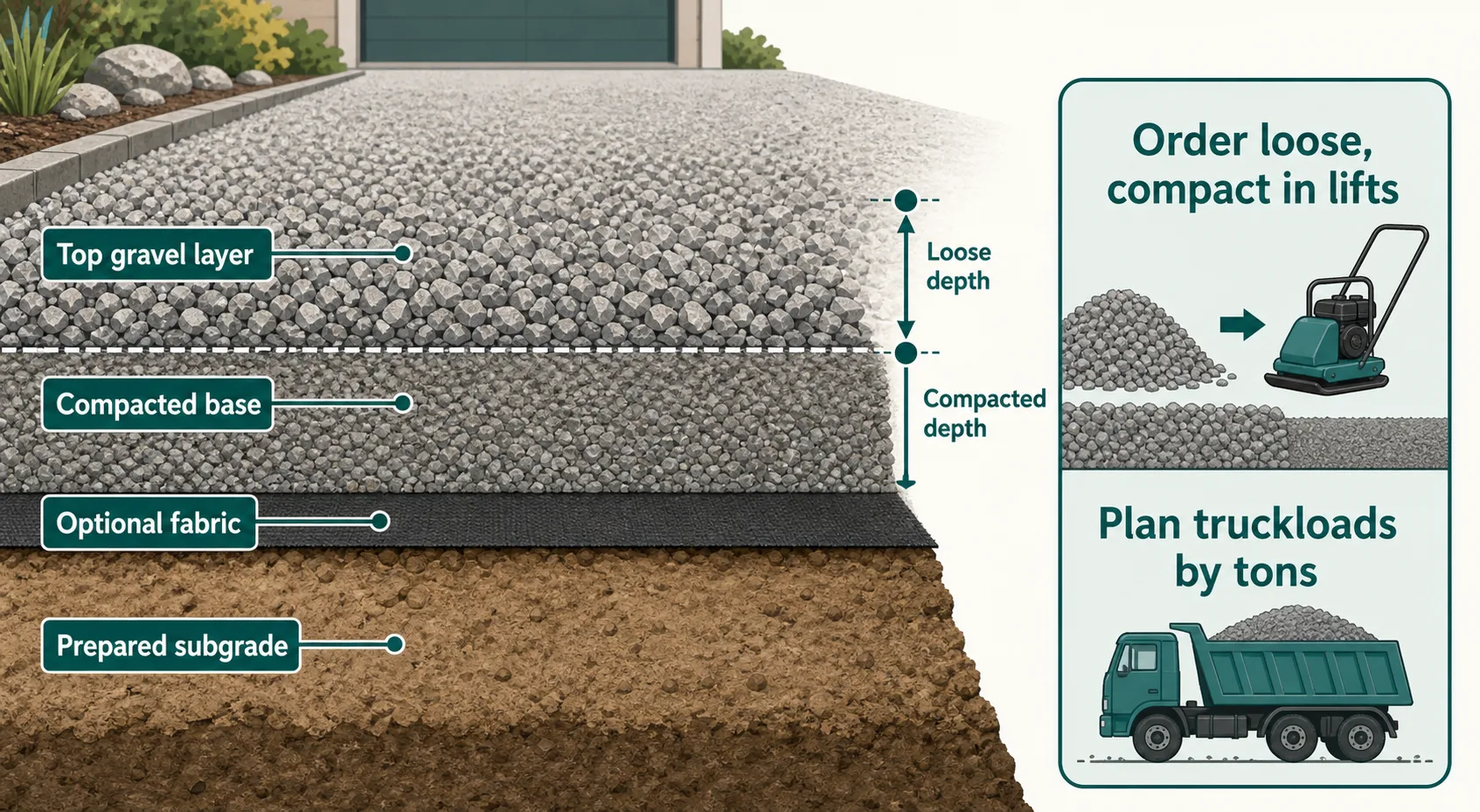 Diagram showing top gravel, compacted base, optional fabric, prepared subgrade, loose depth, compacted depth, and truckload planning by tons.