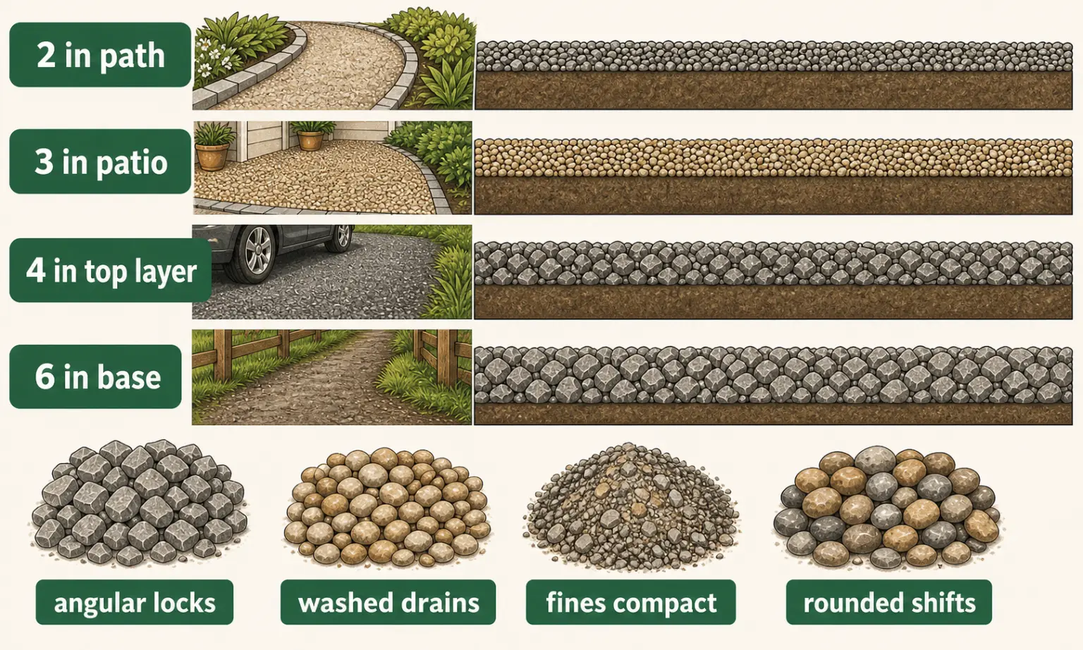 Editorial diagram showing gravel depth choices and material behavior for paths, patios, top layers, and compacted bases.