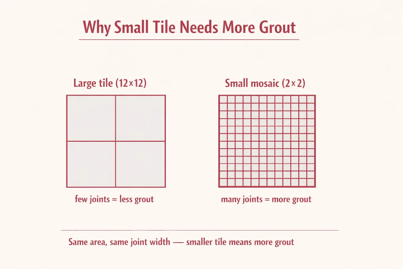 Why small tile needs more grout: a large-format tile has little joint per square foot, while small mosaic has many more linear feet of joint, so it uses several times more grout.