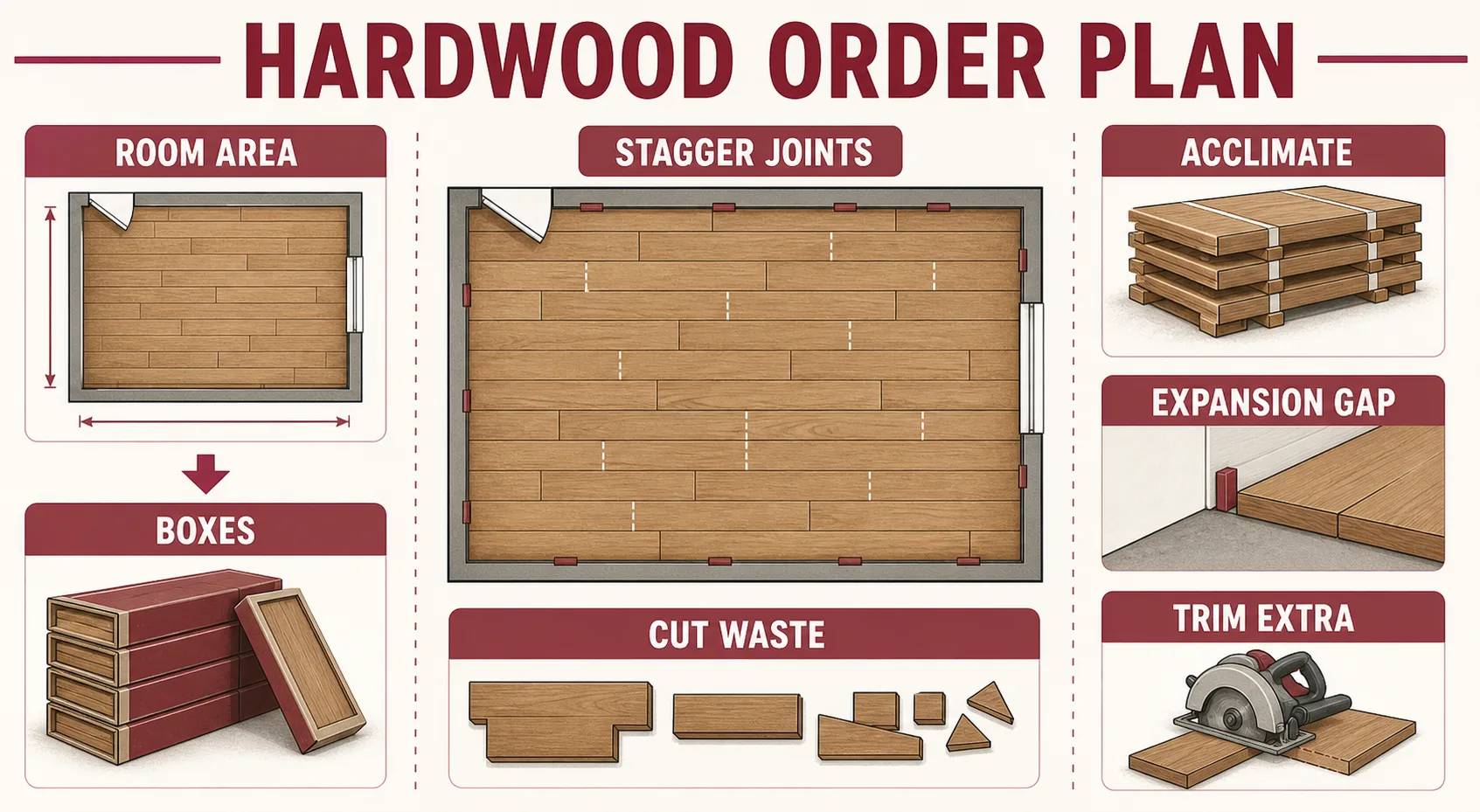 Hardwood order plan showing room area, boxes, cut waste, stagger joints, acclimate, expansion gap, and trim extra.