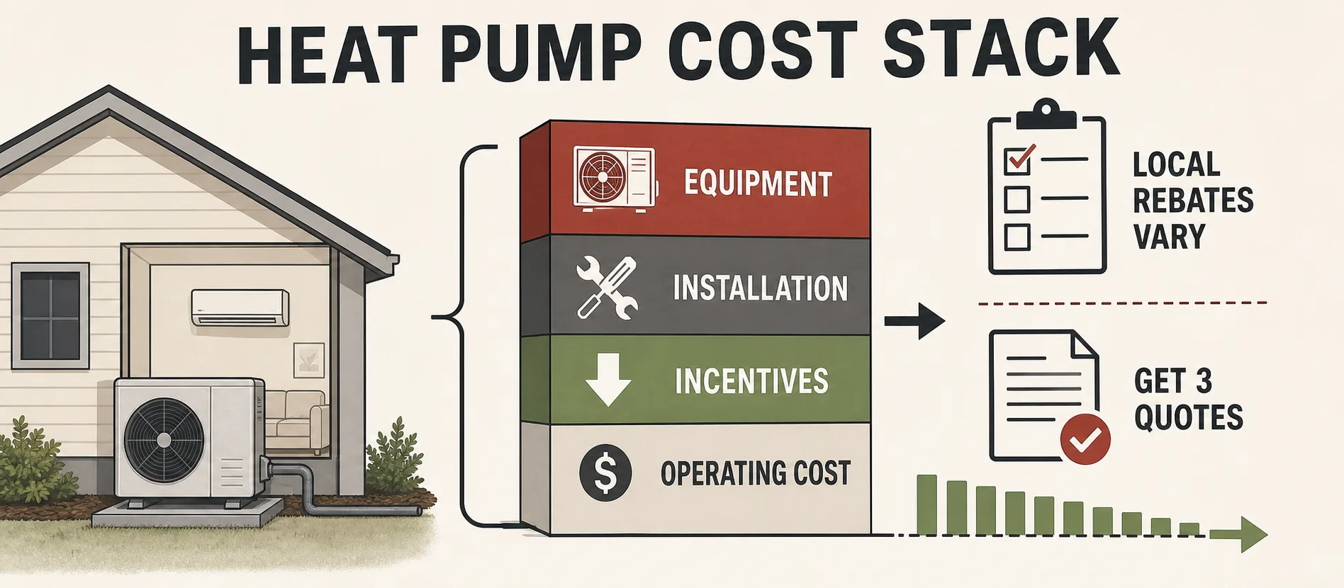 Editorial diagram showing a heat pump cost stack with equipment, installation, incentives, operating cost, local rebates, and quote comparison.