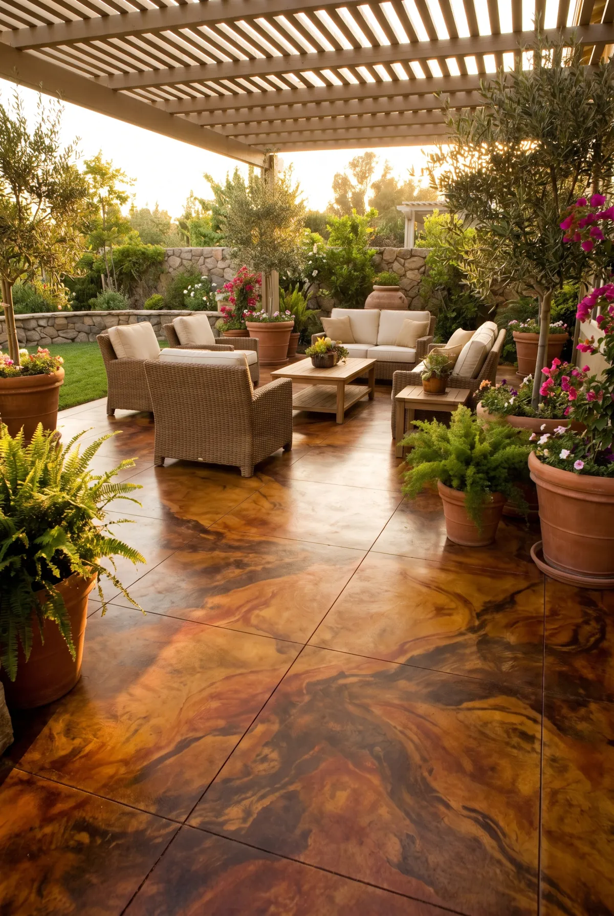 Acid-stained concrete patio with warm marbled earth tones and outdoor seating