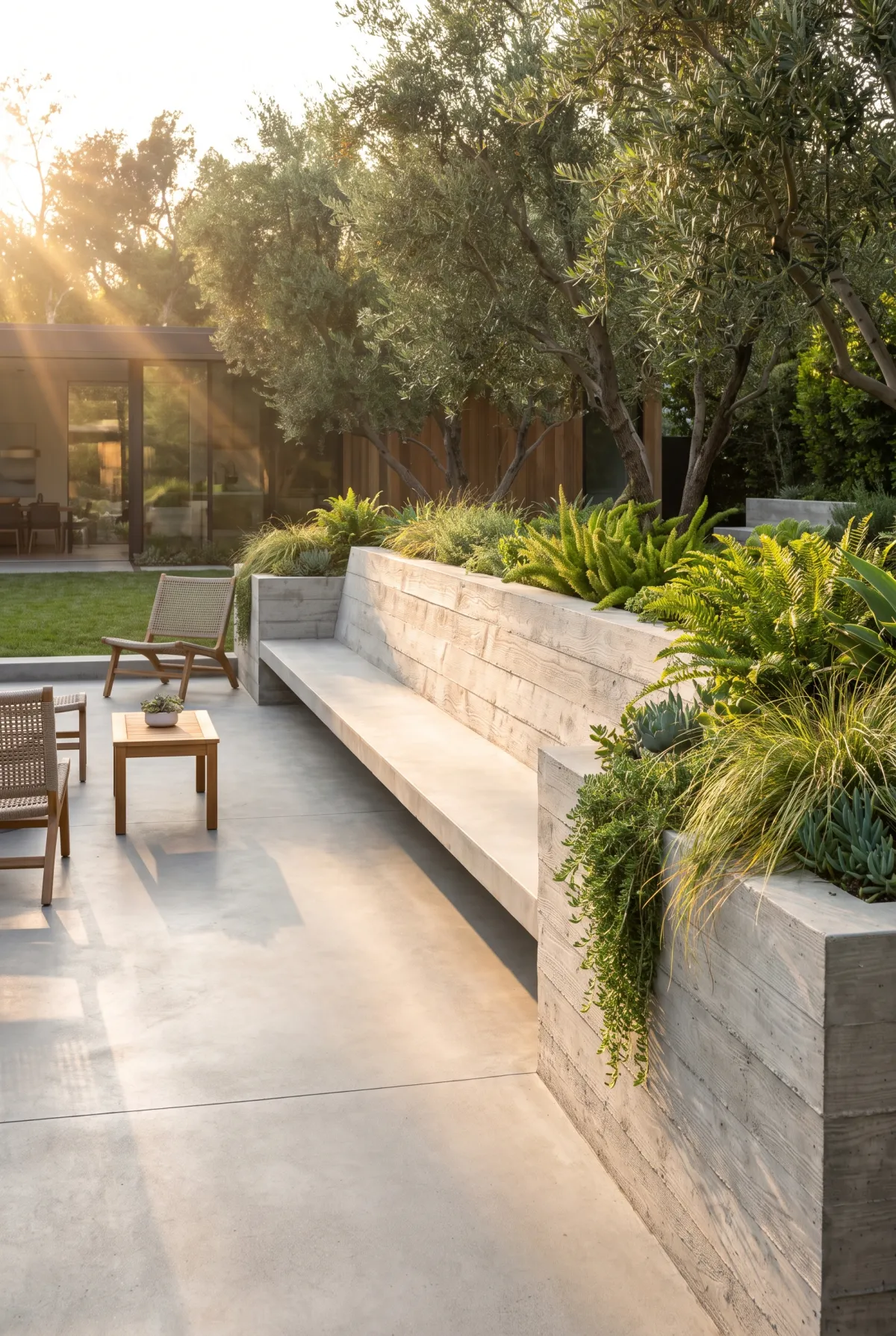 Concrete patio with board-formed concrete seat wall showing wood grain texture
