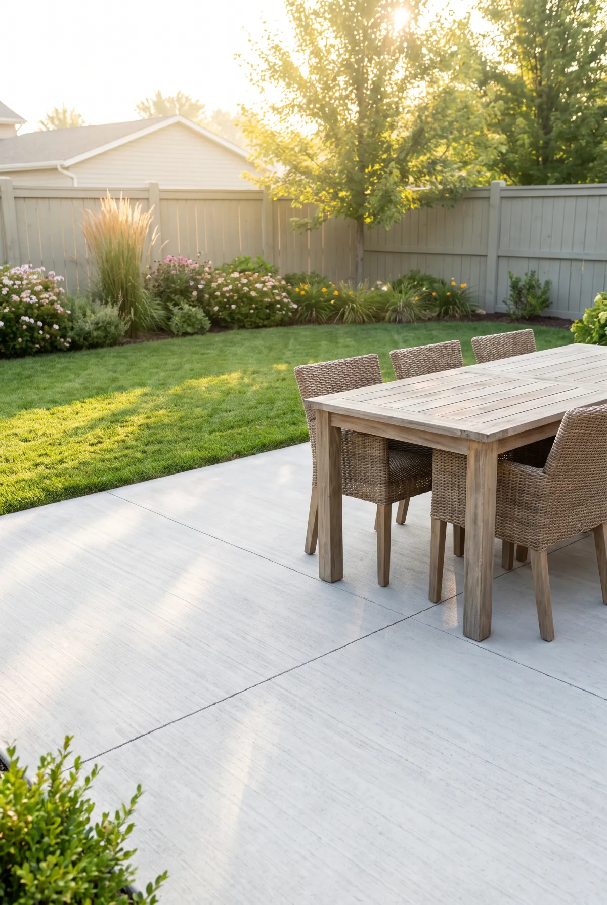Classic broom-finish concrete patio with a dining set in a green backyard