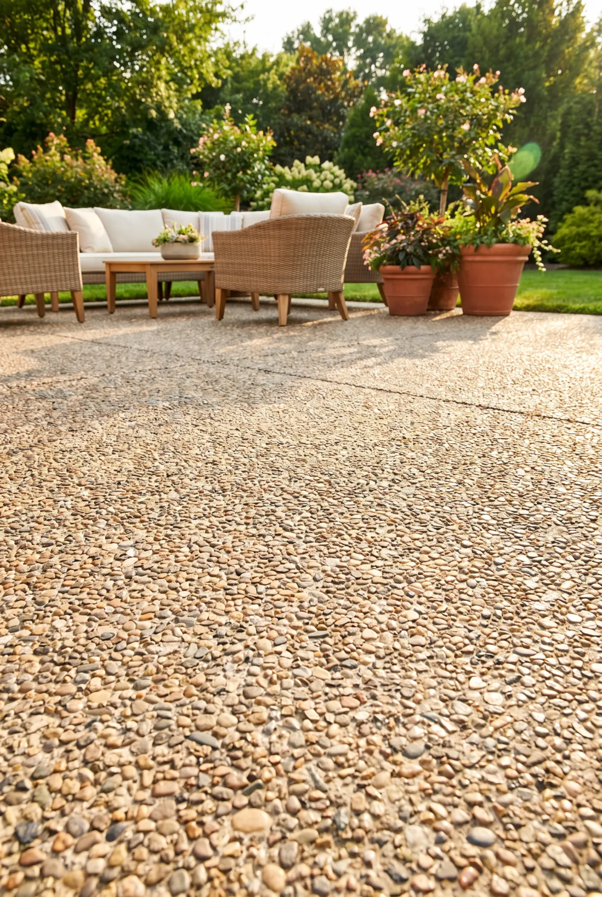 Exposed aggregate concrete patio showing decorative pebble texture