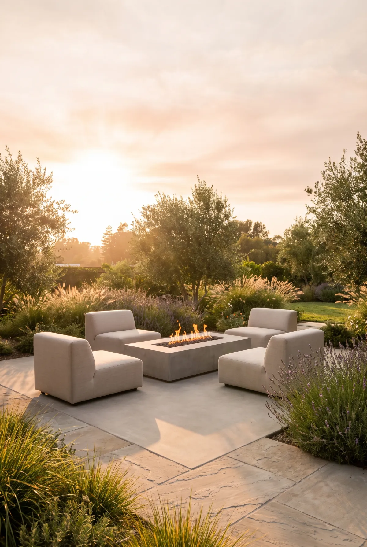Concrete patio fire pit lounge with chairs arranged around a gas fire feature
