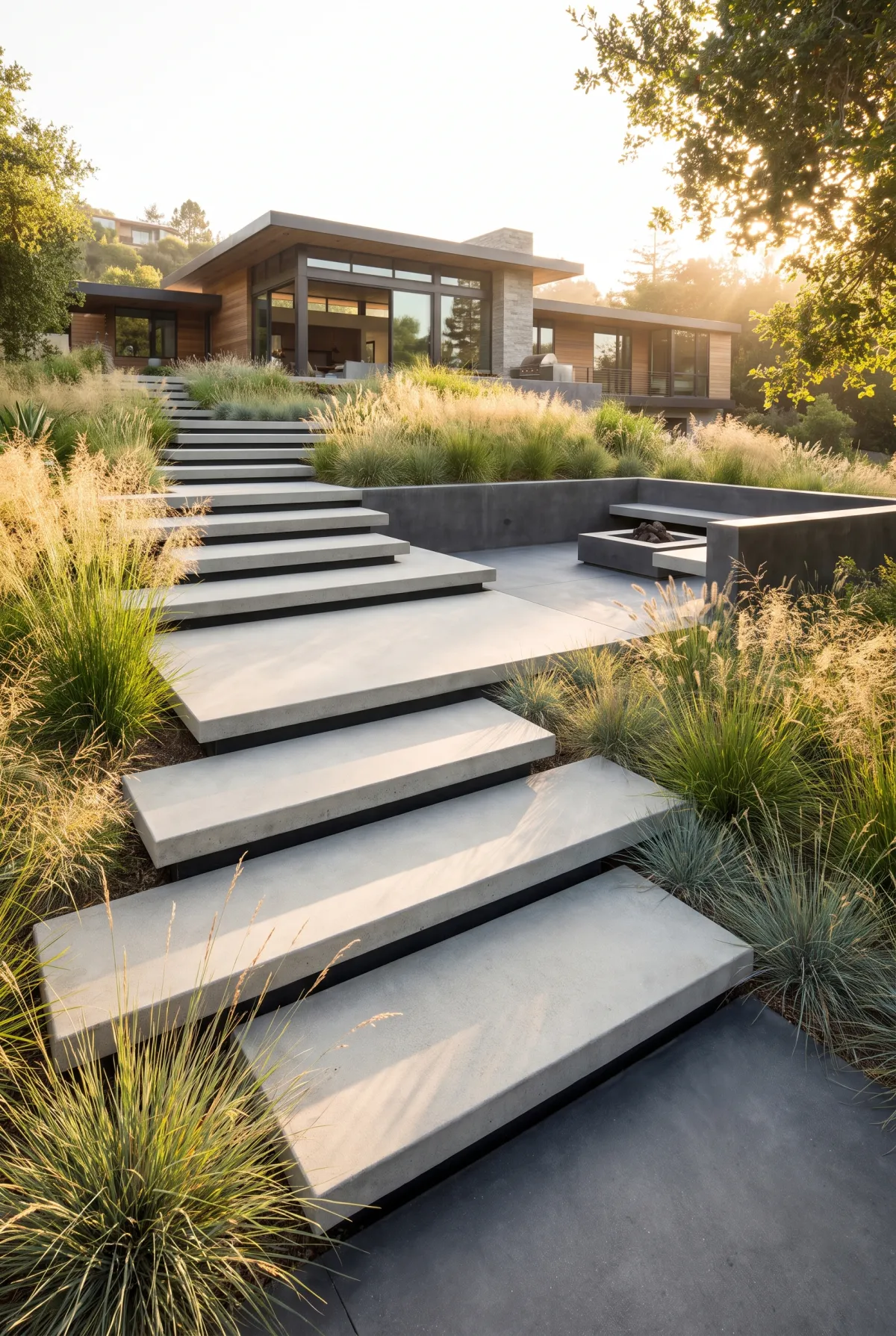 Floating concrete slab steps descending to a minimalist patio