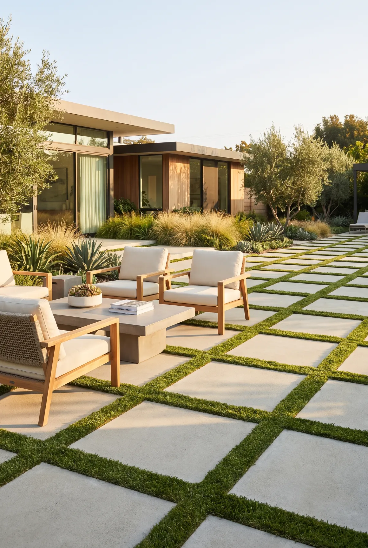 Modern concrete patio of large square panels separated by grass joints