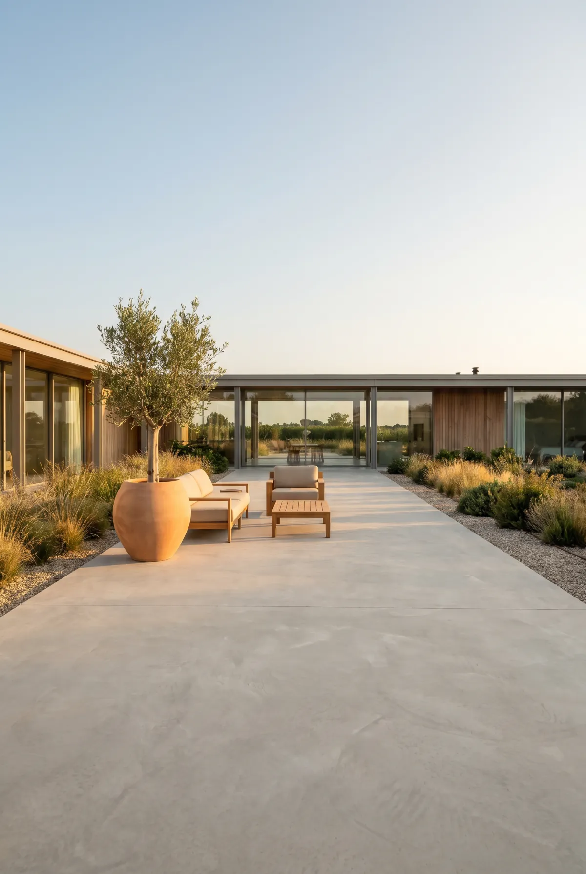 Monolithic minimalist concrete patio with low modern furniture