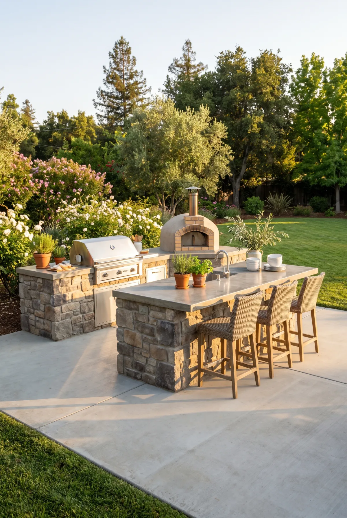 Outdoor kitchen with built-in grill island on a concrete patio