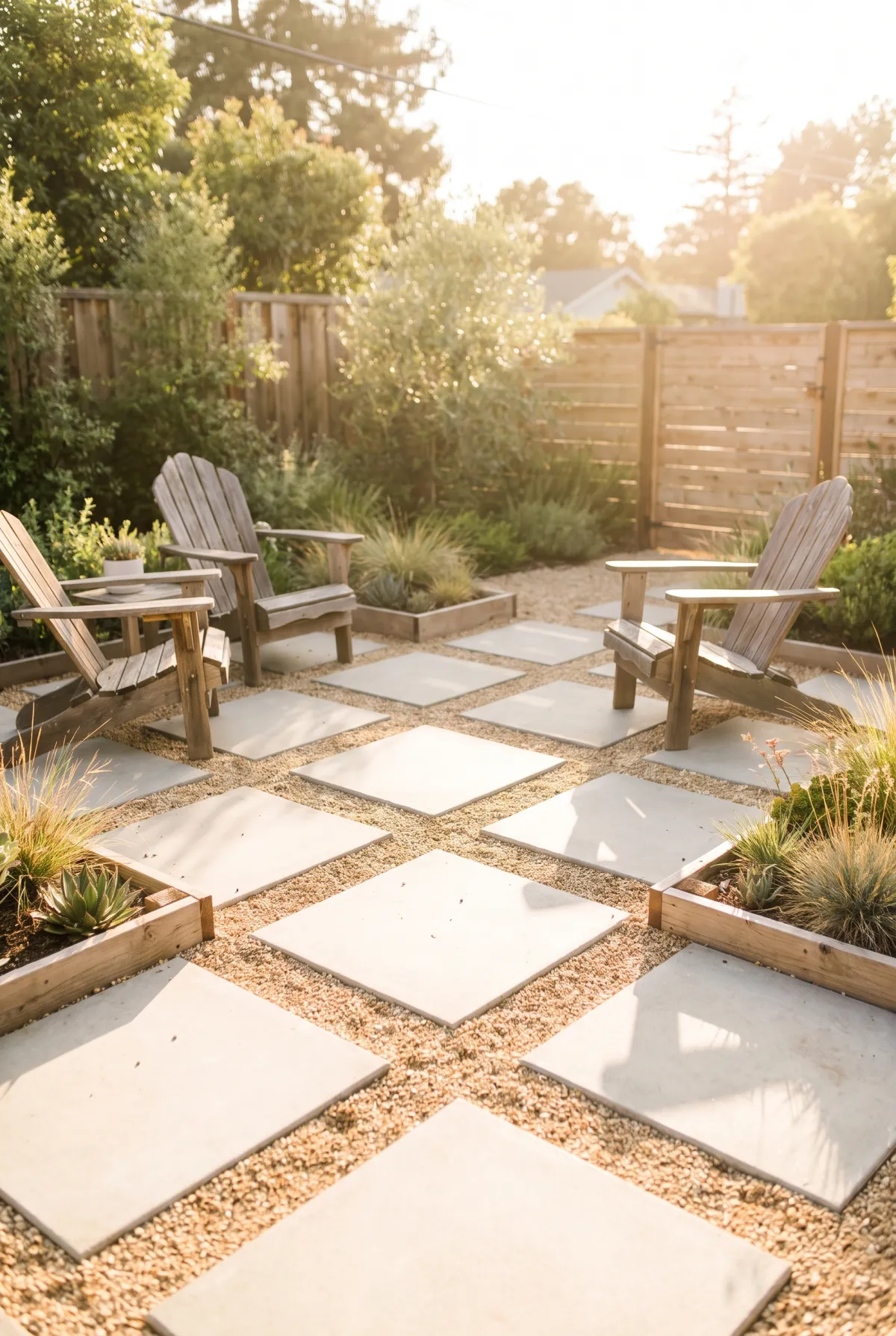 Square concrete pads set in pea gravel forming a budget patio