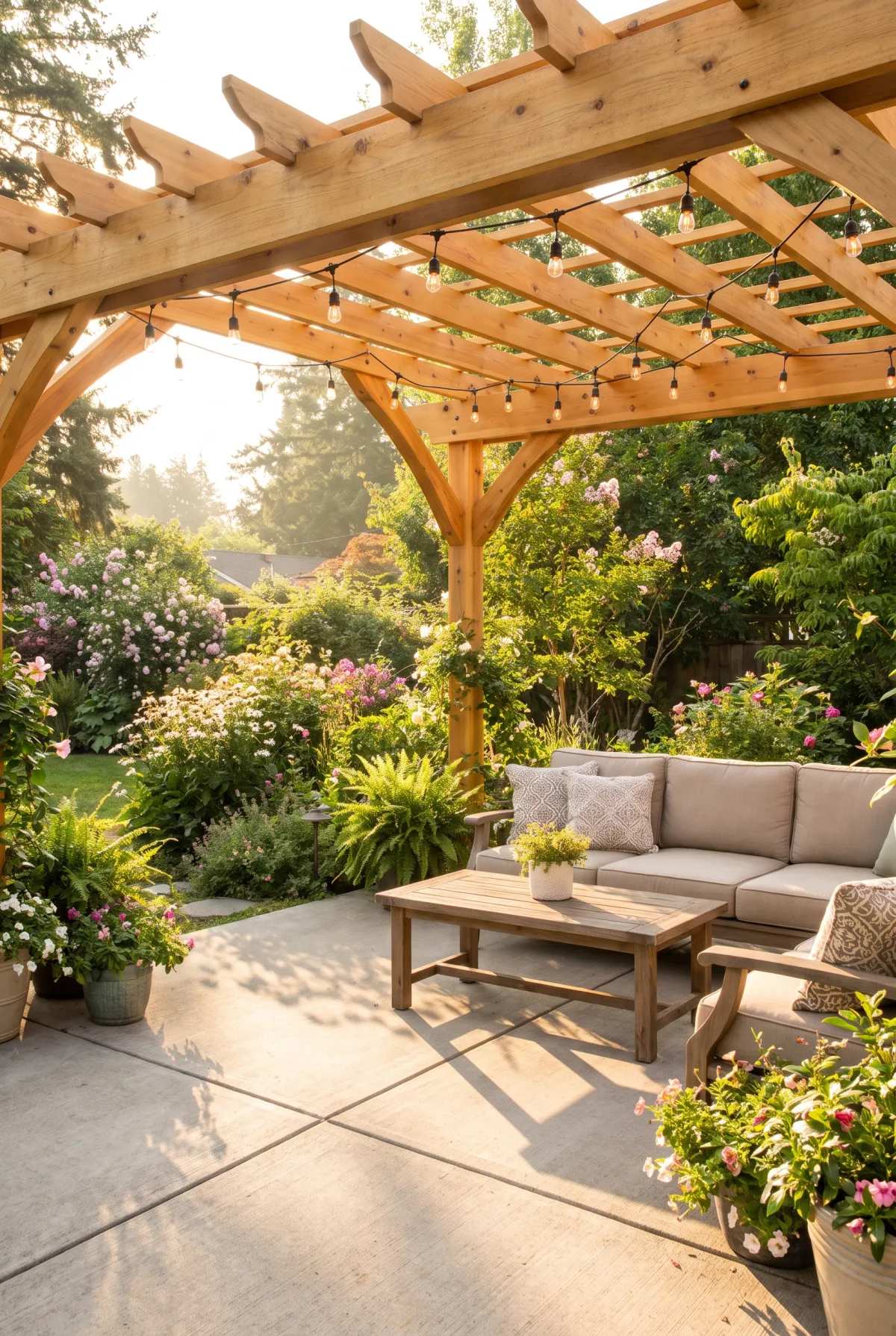 Wood pergola over a concrete patio with outdoor lounge furniture